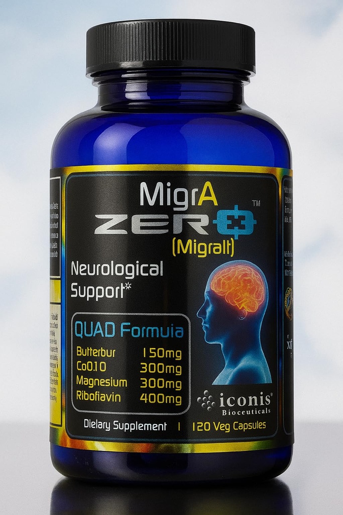Ημικρανία ανακούφιση, Quad-Formula με PA-free Butterbur (150mg), CoQ10 (300mg), Μαγνήσιο γλυκινικό (300mg), Υψηλής Dose Ριβοφλαβίνη (400mg) - MigrA Zero (120 Caps) Βέλτιστη Δοσολογία για τους υποφερτές της ημικρανίας