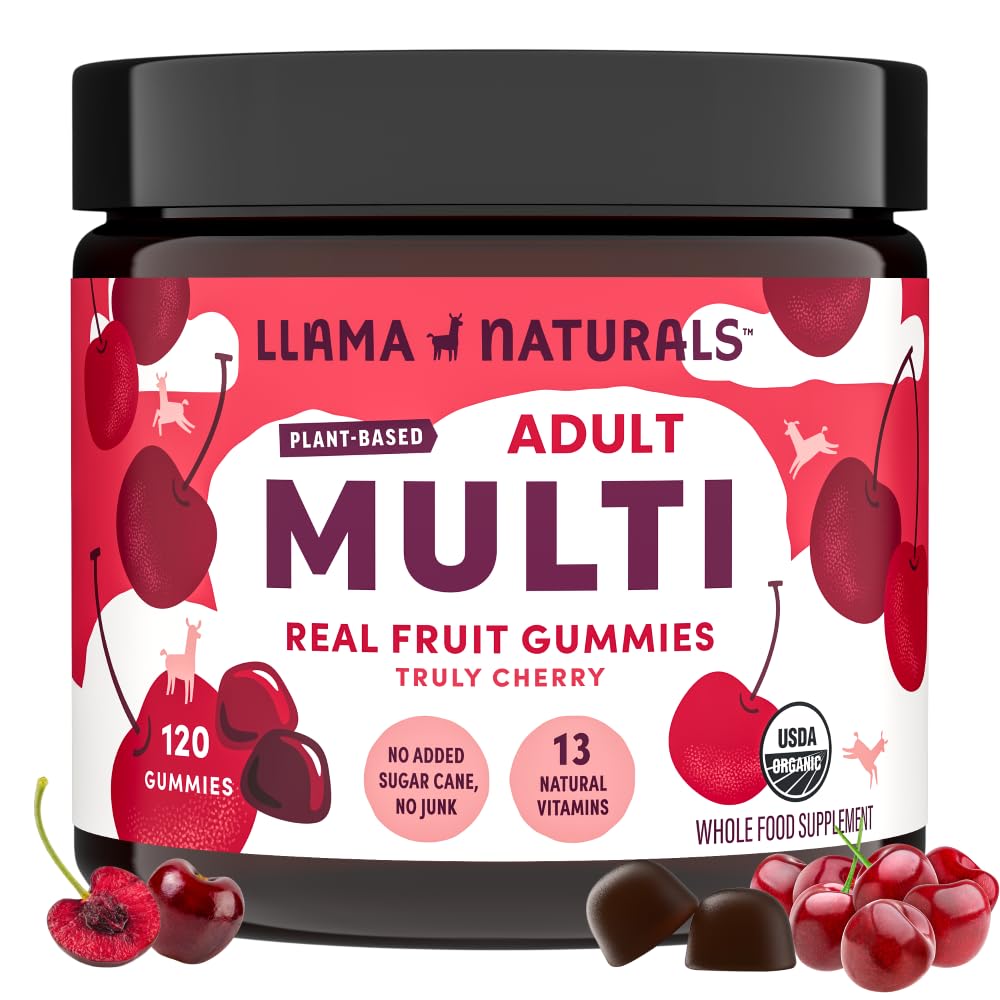 Llama Naturals Πολυβιταμίνη για γυναίκες και άνδρες, Vegan, Βιολογικά Gummies με βιταμίνη D, C και K, Ενήλικες Πραγματικές Βιταμίνες Gummy Φρούτων, Chewable Multivitamin Supplement, Δεν Προστέθηκε ζαχαροκάλαμο, Cherry, 120 Ct