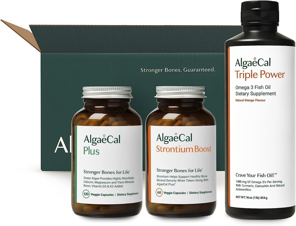 ALGAECAL Welcome Kit - Bone Builder Pack, Plant Based Calcium Supplement & Strontium, 16 nutrients for Bone Health + EPA & DHA Omega 3 Fish Oil, Supporting Brain, Heart, Skin & Bones, Made in USA