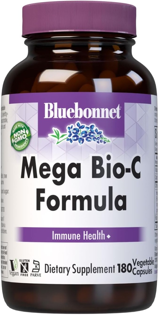 Bluebonnet Διατροφή Mega Bio-C Φόρμουλα κάψουλες λαχανικών, Υψηλής Ικανότητας Buffered Βιταμίνη C, για την Ανοσολογική Υγεία, Χωρίς σόγια, Χωρίς γλουτένη, Μη-GMO, Kosher, Χωρίς γαλακτοκομικά, Vegan, 180 Count