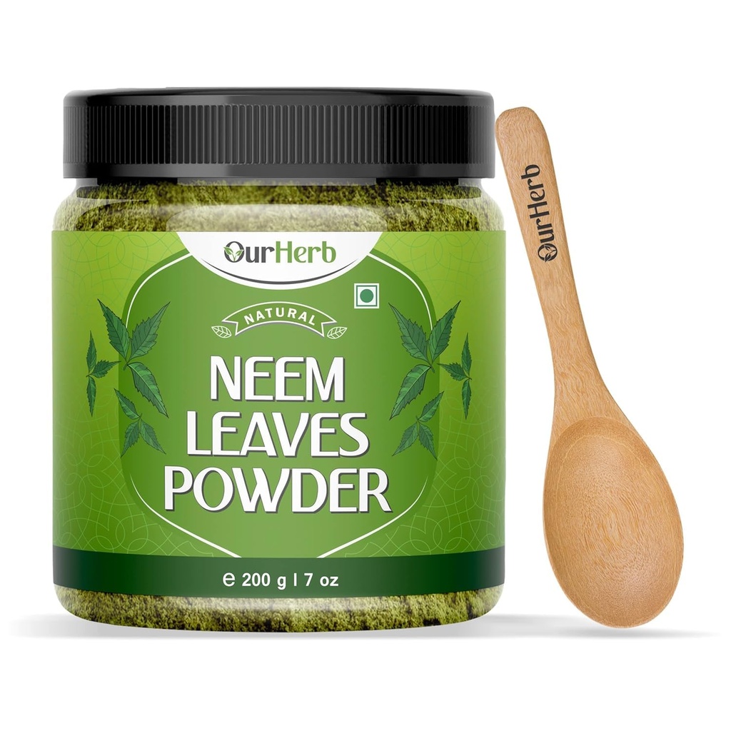 Pure Neem Φύλλα σκόνης Φυσική λύση για σπυρί-δωρεάν σαφές δέρμα & Silky μαλλιά, Ιδανικό για πακέτα προσώπου, περιποίηση μαλλιών, και υποστήριξη χρωματισμού με ξύλινο κουτάλι – 200g 