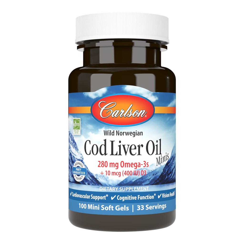 Carlson - Cod Oil Minis, 280 mg Omega-3s + Βιταμίνες Α & D3, Υποστήριξη καρδιάς & Γνωστική λειτουργία, Υγεία όρασης, 100 Mini Softgels