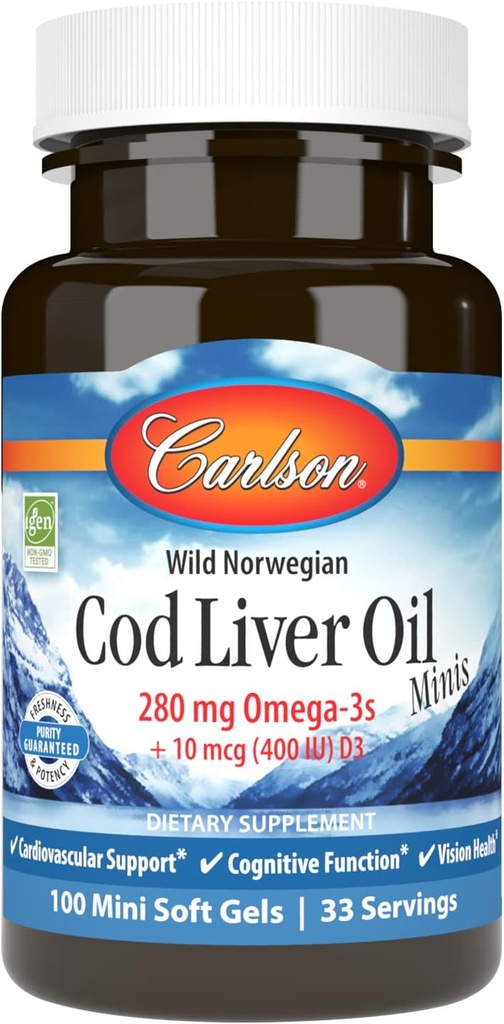 Carlson - Cod Oil Minis, 280 mg Omega-3s + Βιταμίνες Α & D3, Υποστήριξη καρδιάς & Γνωστική λειτουργία, Υγεία όρασης, 100 Mini Softgels