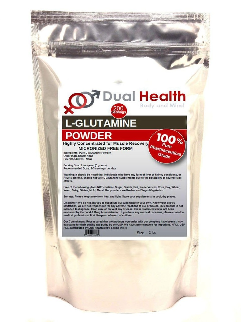 L-Glutamine (2 λίβρες) Pure Powder 5000mg Free Form Bulk Supplements, Made in USA, Immune Digestion GI Support Leaky Gut Health Muscle Energy Stamina Αντοχή