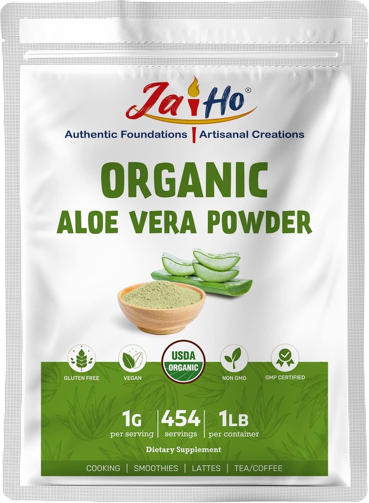 Jai Ho Certified USDA Organic Aloe Vera Powder – 1 LB – Χωρίς γλουτένη, Vegan, μη-GMO – Resealable Zip Lock Pouch