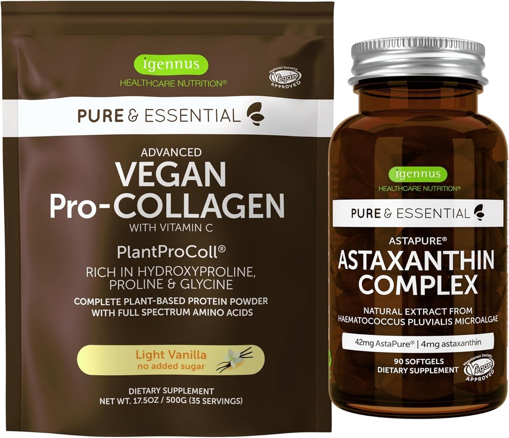 Vegan Vanilla Collagen Protein Powder + Aspaxanthin Complex Vegan Bundle, Collagen Booting Formula + Natural 4mg H. Πλούβιαλης Ασταξανθίνη για τα μαλλιά, το δέρμα και τα νύχια, από Igenus
