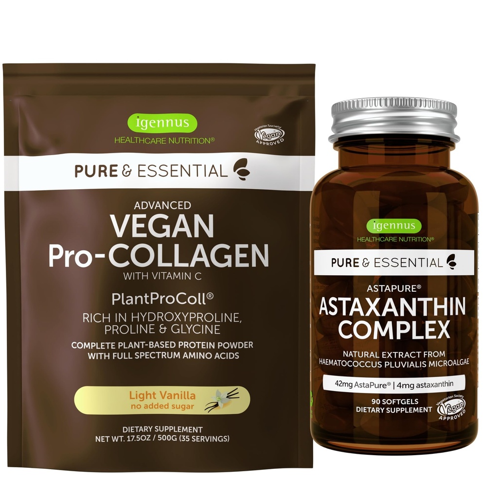 Vegan Vanilla Collagen Protein Powder + Aspaxanthin Complex Vegan Bundle, Collagen Booting Formula + Natural 4mg H. Πλούβιαλης Ασταξανθίνη για τα μαλλιά, το δέρμα και τα νύχια, από Igenus