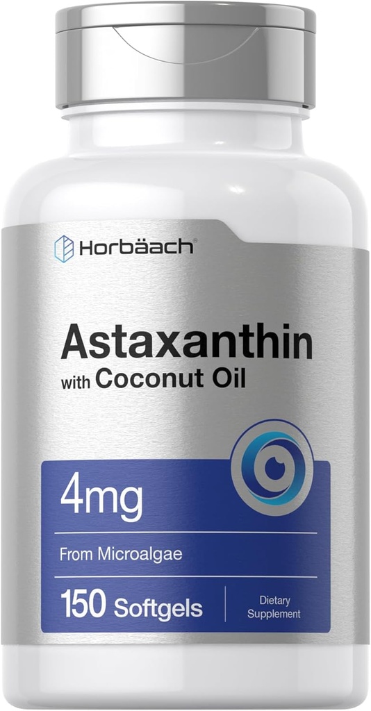 Horbäach Astaxanthin 4mg | 150 Softgels | Supplement from Microalgae | with Coconut Oil | Non-GMO, Gluten, Soy Free