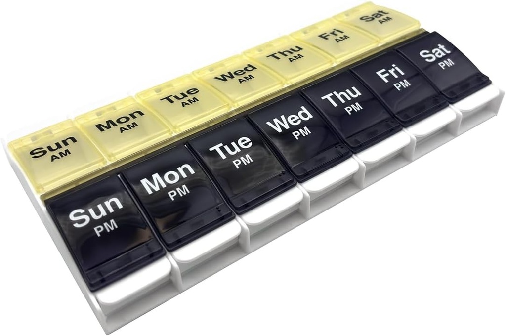 EZY DOSE Push Button (7-Ημέρα) Pill Case, Medicine Planner, Vitamin Organizer, 2 φορές την ημέρα, AM/PM Container, X-Large Διαμερίσματα, Αρθρίτιδα Φιλικό, Εύκολο στη χρήση, Καθαρές Λίδες, Μπλε/Κίτρινο, BPA Δωρεάν