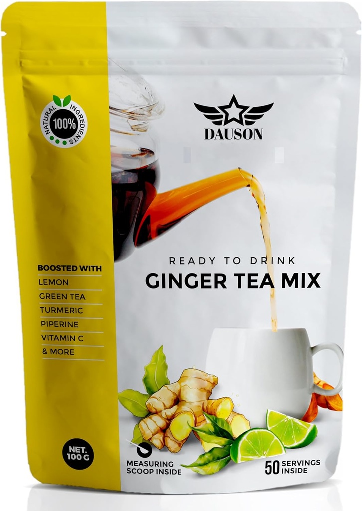 Ginger Lemon Herbal Tea Powder – Αναζωογονητικό μείγμα με Licorice, Turmeric, Decaf Green Tea, Βιταμίνη C – Χωρίς καφεΐνη, Vegan, Gut-Friendly Detox Tea – 50 Μερίδες
