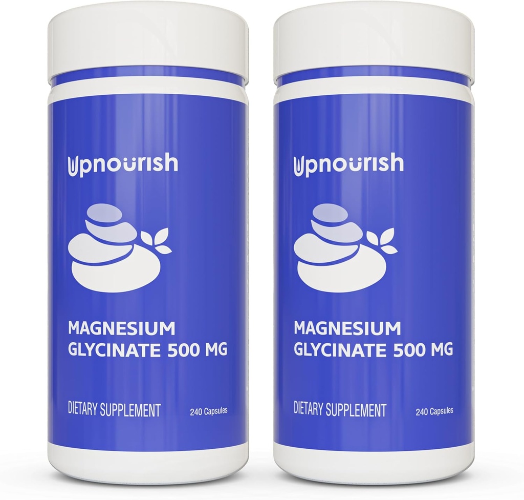 UpNourish Chelated Magnesium Glycinate 500mg Κάψουλες - Χηλικό μαγνήσιο για υψηλή απορρόφηση - Pure Magnesium Supplement for Calm, Leg Cramps, Muscle Relaxation 480 Κάψουλες