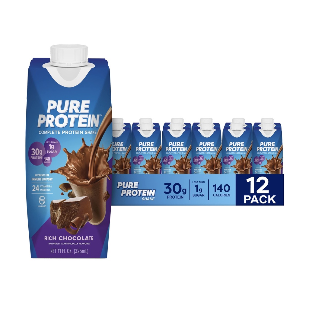 Καθαρή πρωτεΐνη σοκολάτας Shake, 30g πλήρης πρωτεΐνη, έτοιμη για ποτό και Keto-Φιλικά, Βιταμίνες Α, C, D, και E συν ψευδάργυρο για την υποστήριξη της ανοσοποιητικής υγείας, μπουκάλια 11oz, 12 Pack