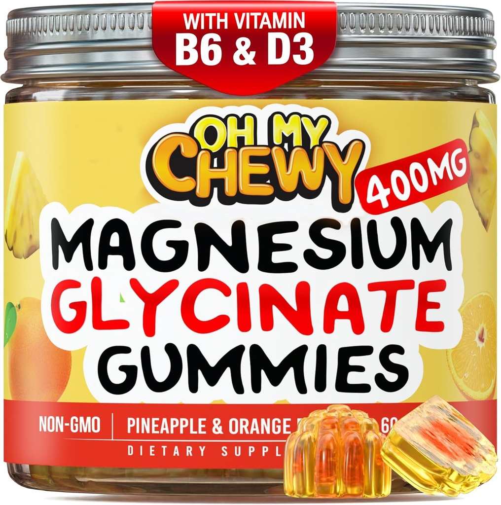 Κεντρο-γεμισμένο Μαγνήσιο Γλυκινικό Gummies 400MG - Υψηλή απορρόφηση για παιδιά, εφήβους & ενήλικες - Συμπλήρωμα για ύπνο, ηρεμία & μυϊκή χαλάρωση με B6 & D3 - Χωρίς γλουτένη & Vegan Friendly - 60 Count