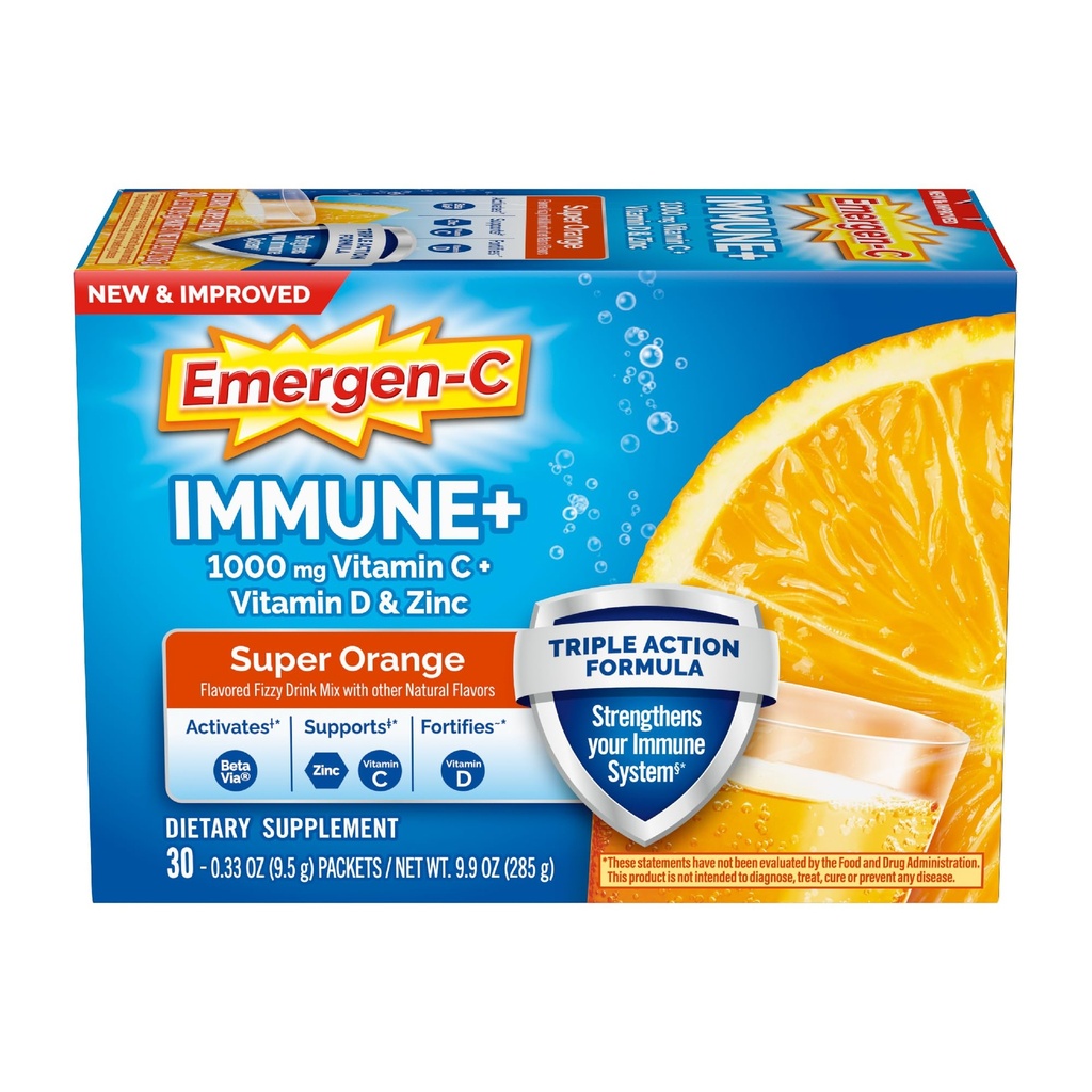 Emergen-C Immune+ Triple Action Immune Support Powder, BetaVia (R), 1000mg Βιταμίνη C, Β Βιταμίνες, Βιταμίνη D και Αντιοξειδωτικά, Super Orange, Επιστροφή στα Απαραίτητα του Σχολείου – 30 Count