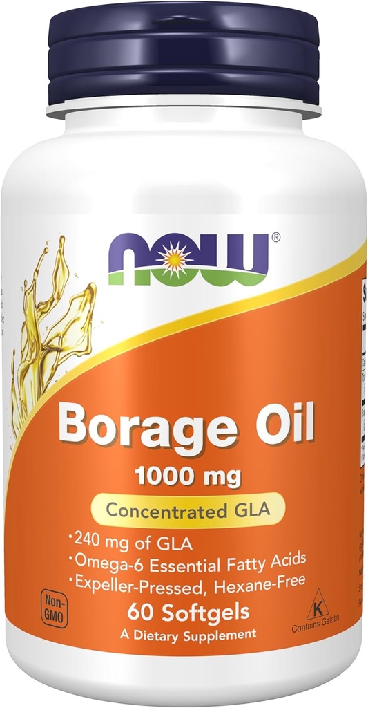 NOW Συμπληρώματα Τροφίμων, Borage Oil 1000 mg με 240mg GLA (Gamma Linolenic Acid), 60 Softgels
