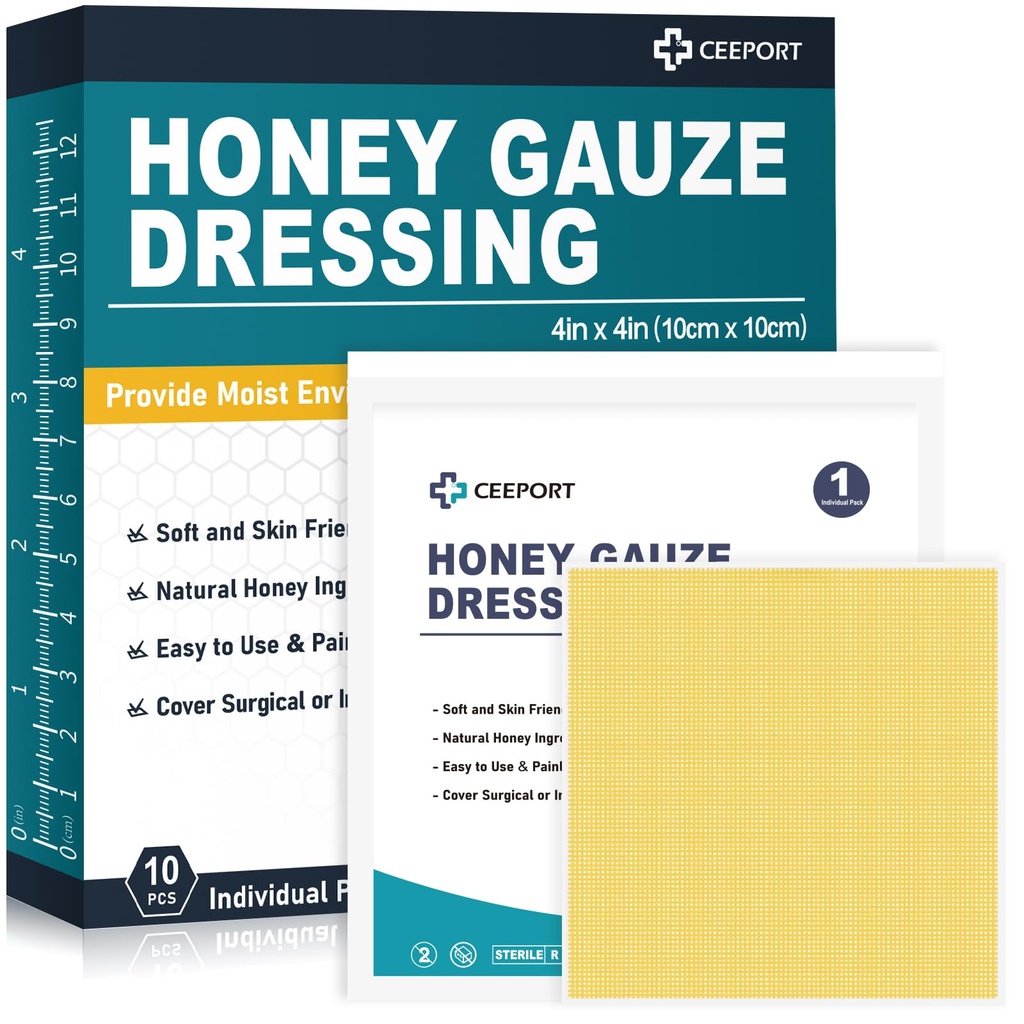 Μέλι Gauze Wound Dressing, 4" x 4" Μανούκα Honey Wound Care, Medical Grade Honey Bandages for Wound Care, Honey Patch for Γρηγορότερα Θεραπεύοντας από εγκαύματα, εκδορές, κόψιμο και κοψίματα (Pack of 10)