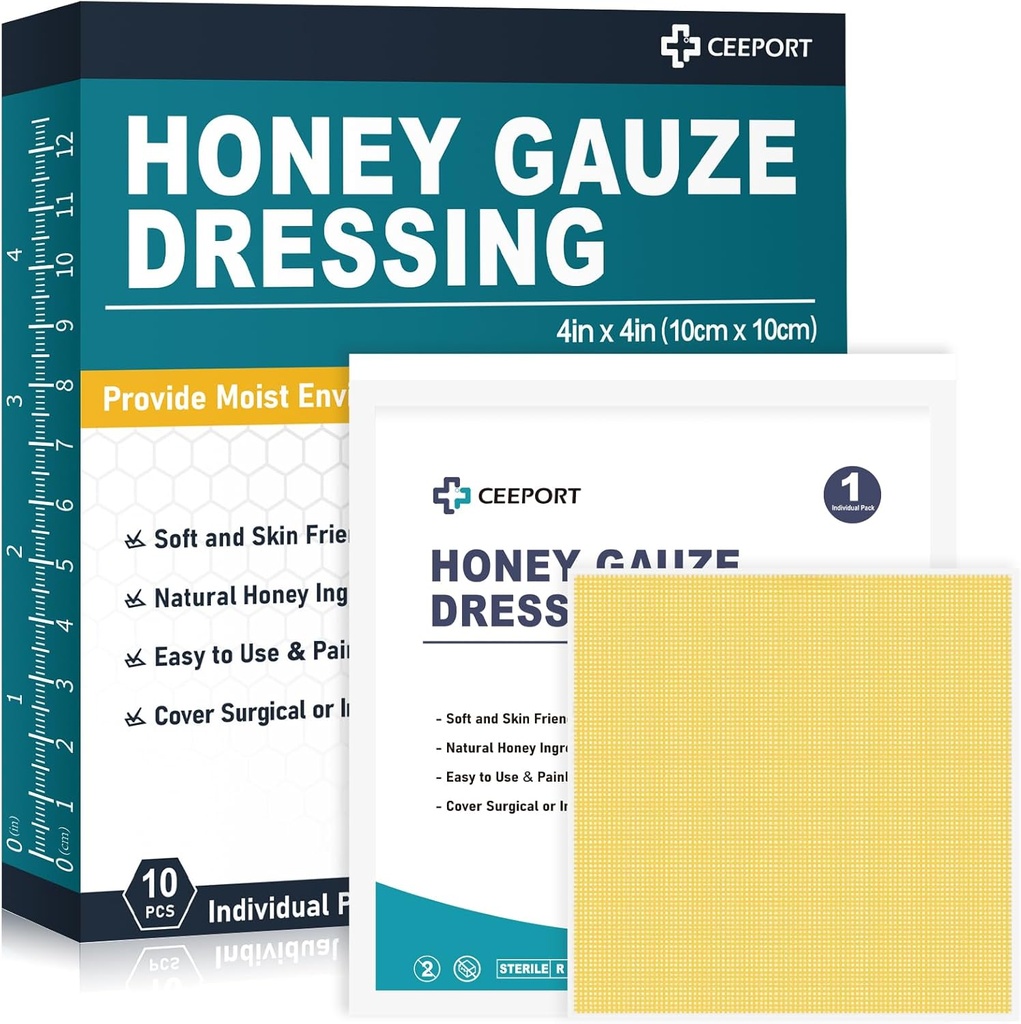 Μέλι Gauze Wound Dressing, 4" x 4" Μανούκα Honey Wound Care, Medical Grade Honey Bandages for Wound Care, Honey Patch for Γρηγορότερα Θεραπεύοντας από εγκαύματα, εκδορές, κόψιμο και κοψίματα (Pack of 10)