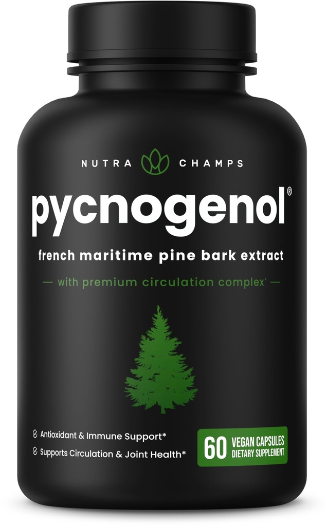 NutraChamps Pycnogenol French Maritime Pine Bark Extract, Premium Circulation Complex, Blood Flow, Nitric Oxide Production, Superior Absorption, Αποτελέσματα με Black Pepper Extract, 60 κάψουλες