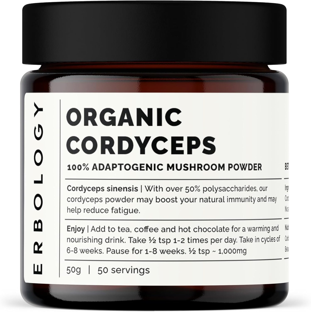 Erbology Organic Cordyceps Mushroom Powder 50 Servings - 48% Beta-γλυκάνες - Ενέργεια και απόδοση - Cordyceps Sinensis - Μικρή παρτίδα - Βιώσιμα αυξάνεται στην Ευρώπη - Vegan - Μη ΓΤΟ - Δεν προστίθενται πληρωτικά