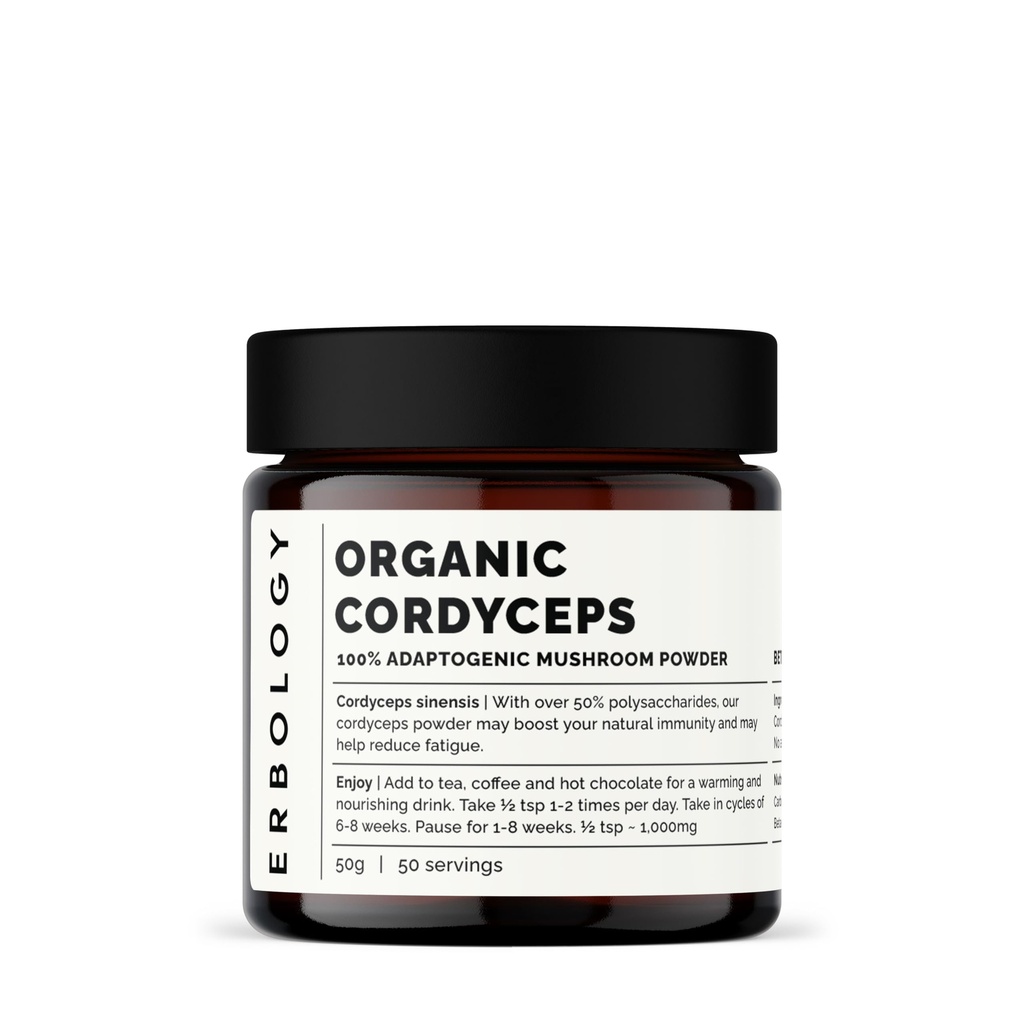 Erbology Organic Cordyceps Mushroom Powder 50 Servings - 48% Beta-γλυκάνες - Ενέργεια και απόδοση - Cordyceps Sinensis - Μικρή παρτίδα - Βιώσιμα αυξάνεται στην Ευρώπη - Vegan - Μη ΓΤΟ - Δεν προστίθενται πληρωτικά
