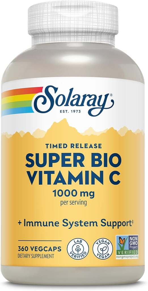 SOLARAY Super Bio Bufered Vitamin C 1000mg, Two-Stage, Timed Release Βιταμίνη C με Bioflavonoids, συμπλήρωμα ανοσοποίησης - Υψηλή απορρόφηση, Vegan, 60 Ημέρα Εγγύηση, 180 Μερίδες, 360 VegCaps 180