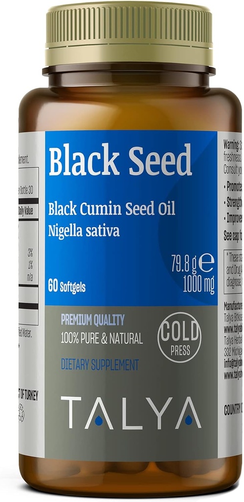 TALYA Black Seed Oil Softgel with High Thymoquinone - Ανοσολογική Υποστήριξη - Digestive Health - Brain Function - Κοινή Κινητικότητα - Ψυχρό-Pressed from Non-GMO Turkish Black Cumin Nigella Sativa Seeds
