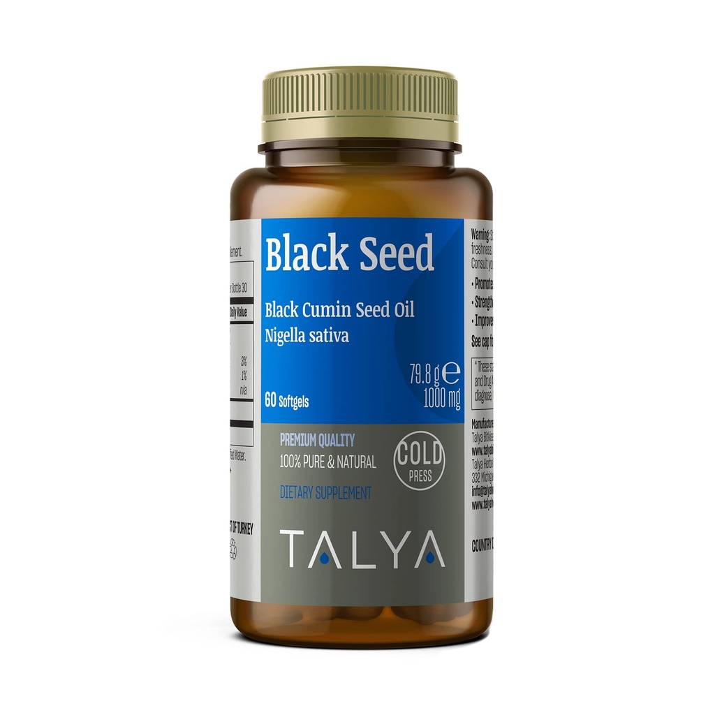 TALYA Black Seed Oil Softgel with High Thymoquinone - Ανοσολογική Υποστήριξη - Digestive Health - Brain Function - Κοινή Κινητικότητα - Ψυχρό-Pressed from Non-GMO Turkish Black Cumin Nigella Sativa Seeds