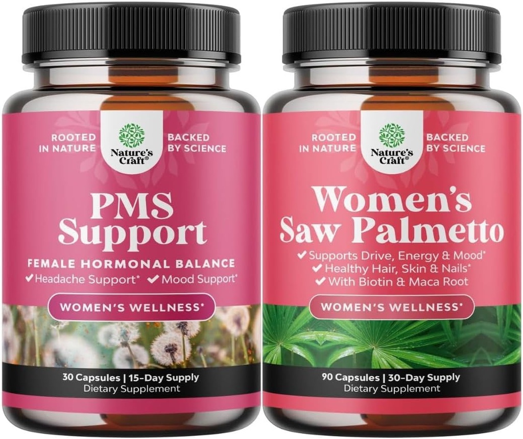 Bundle of PMS Support and Saw Palmetto for Women - DIM, Chasteberry, Black Cohosh & Ashwagandha for Period Cramps, Bloating, Mood Swing and Saw Palmetto Extract with Maca Root & Biotin for Hair Loss