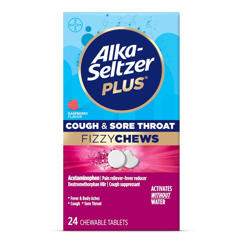 Alka-seltzer Plus Βήχας & πονόλαιμος λαιμός Μάσημα, Δεν χρειάζεται νερό, On The Go Sore Lroat Relief for Adults, Raspberry Flavor, 24 Count