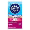 Alka-seltzer Plus Βήχας & πονόλαιμος λαιμός Μάσημα, Δεν χρειάζεται νερό, On The Go Sore Lroat Relief for Adults, Raspberry Flavor, 24 Count
