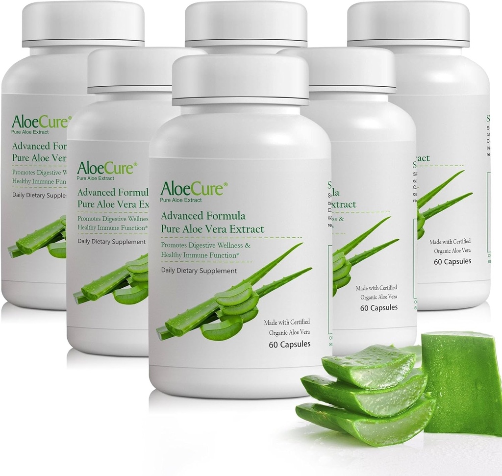 AloeCure Organic Aloe Vera Capsules, 130,000mg Inner Aloe Leaf Equivelant per Serving, Support Gut Health & Digestive Comfort, Stomach Acid Buffer, Natural Immune Supplement, Aloin Free, 60 Capsules