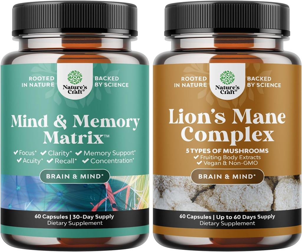 Δέσμη Advanced Nootropics Brain Support Supplement with Memory & Focus Vitamins and Advanced Lion's Mane Mushroom Supplement with Reishi, Chaga, Maitake & Shiitake for Memory Support & Focus