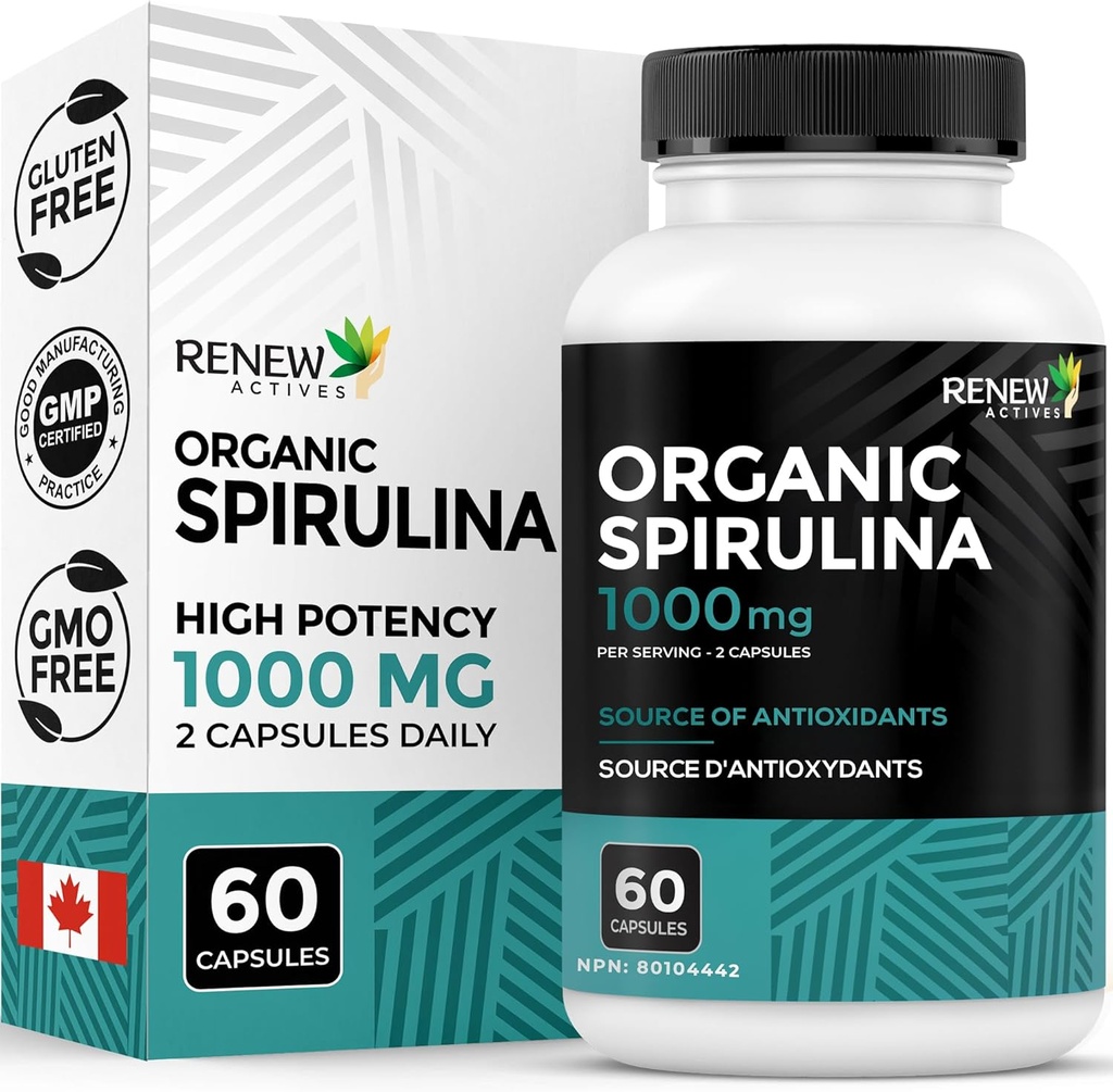 Renew Actives Organic Spirulina 1000MG ανά 2 κάψουλες – Superfood για άνδρες και γυναίκες – Υποστηρίζει την ενέργεια, την ευεξία και την ανοσοποιητική λειτουργία – πλούσια σε αντιοξειδωτικά και θρεπτικά συστατικά – Κατασκευασμένο στον Καναδά – 60 κάψουλες