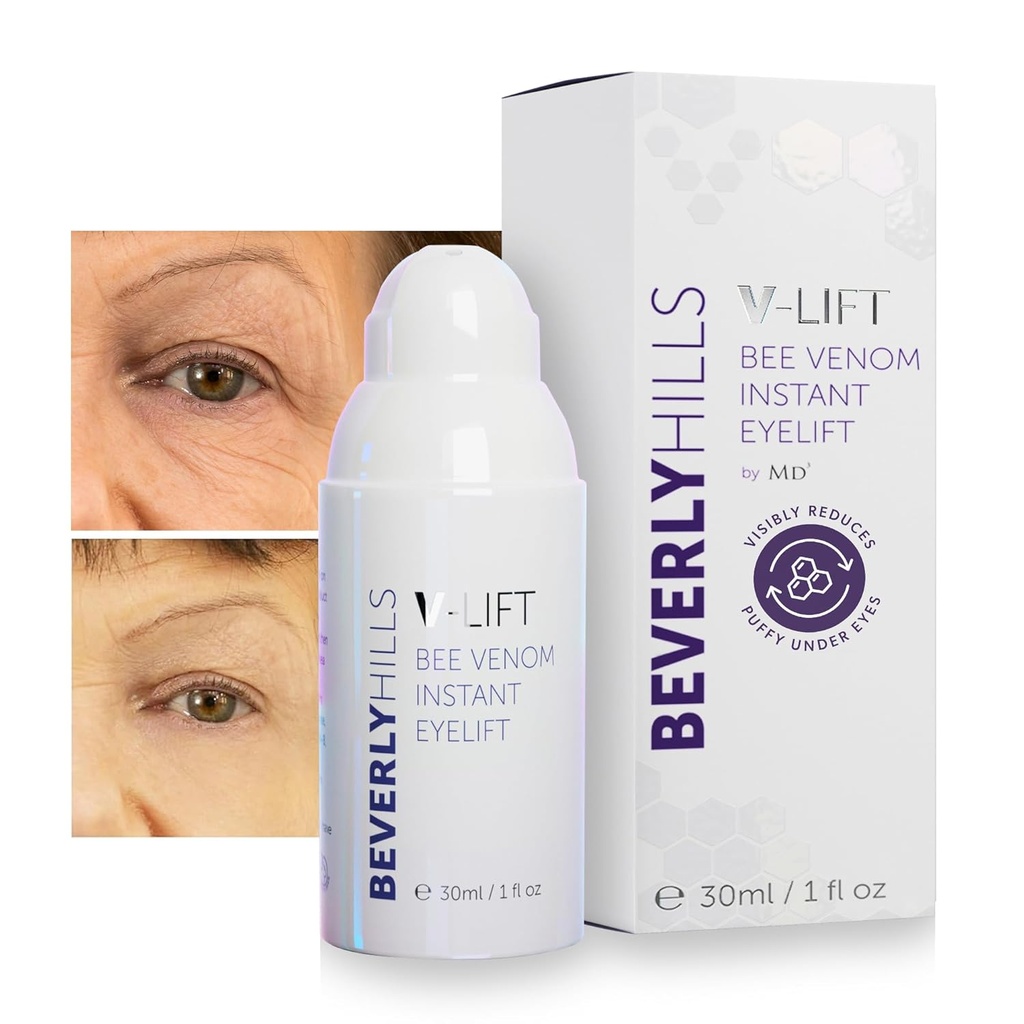Beverly Hills V-Lift Instant Eye Lift and Eye Tuck Bee Venom Serum for Puffy Eyes, Dark Circles, Wrinkles, and Under Eye Bags Treatment for Women and Men | 30mL (120 Day Supply)