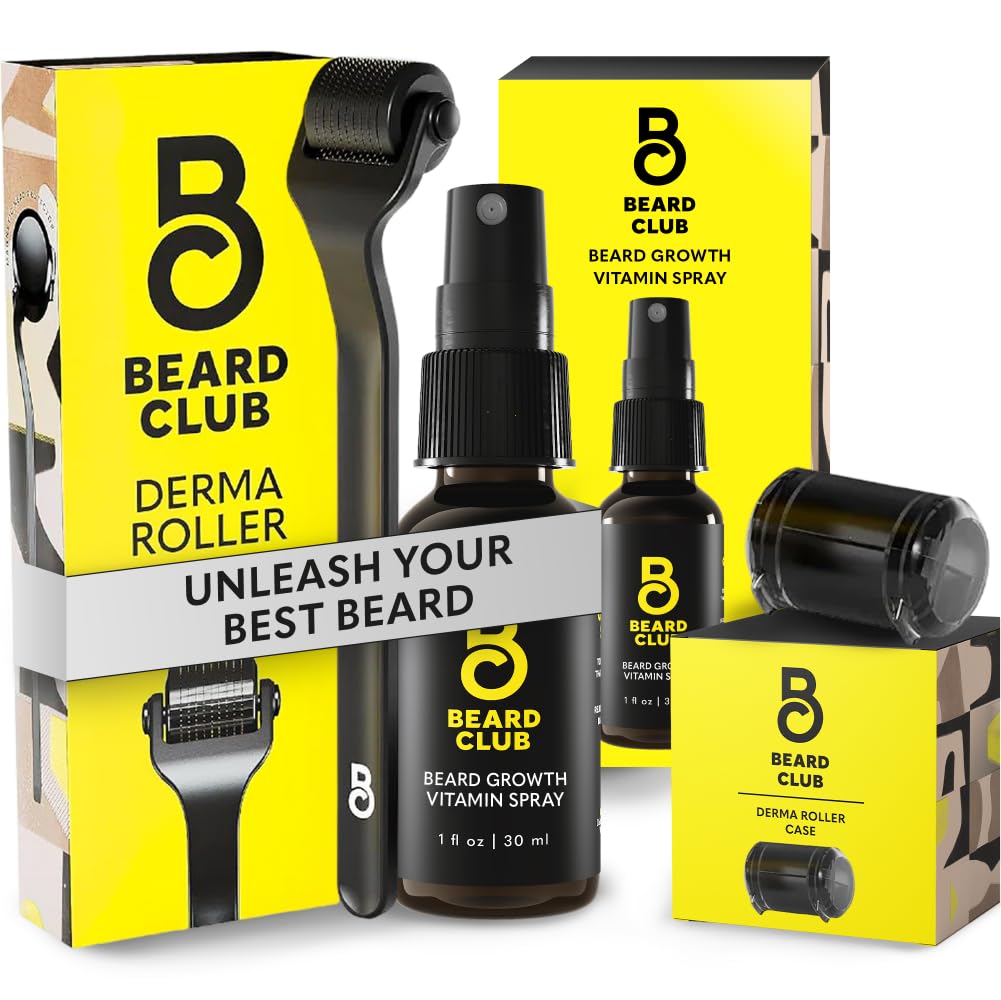 Beard Club Premium Derma Roller & Biotin Beard Growth Vitamin Spray - Μικροβελόνη Roller για άνδρες και γυναίκες με 540 Titanium Microneedles - Γενετική Roller & Beard Oil για πρόσωπο, σώμα και Scalp
