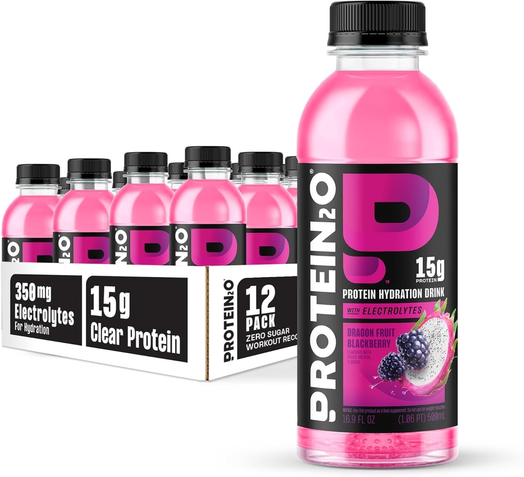 Protein2o Ενυδάτωση Ποτό - 2-σε-1 Liquid Clear Whey Protein Isolate and Electrolyte Drink - 15g Πρωτεΐνη, Βιταμίνες B5, B6 - Μετά την προπόνηση Ανάκτηση - 16.9 Fl Oz - 12 Count Dragon fruit Blackberry