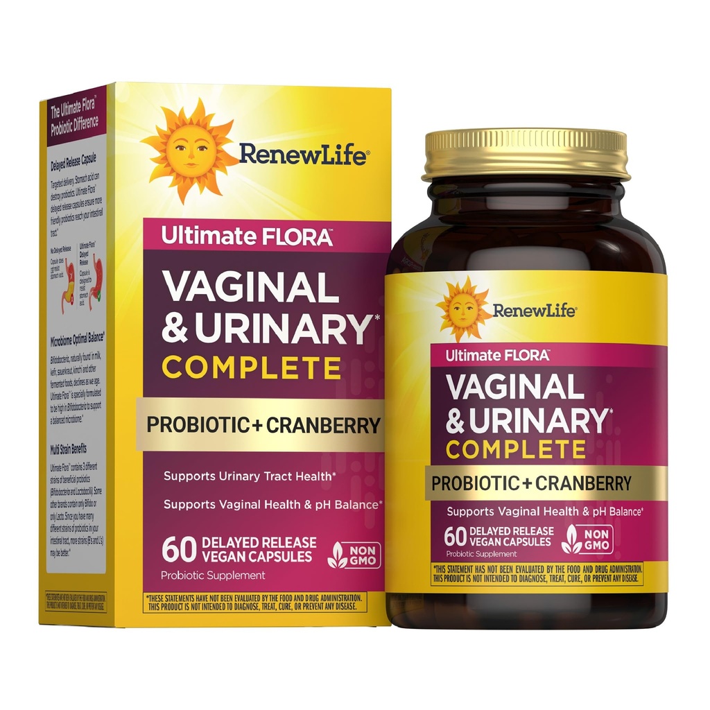 Renew Life Women's Wellness Vaginal and Urinary Probiotic and Cranberry Supplement, Probiotic Supplement for pH Balance for Women, Digestive Health, Dairy, Soy and Gluten-Free, 3.5 Billion CFU 60 Ct