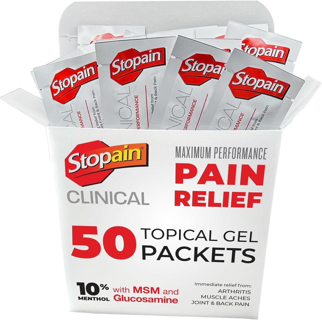 Stopain Pain Relief Clinical Gel Packets, USA Made, Max Strength Fast Acting with MSM, Glucosamine, Menthol for Arthritis, Lower Back Sciatica, Knee, Neck HSA Topic Anaalgesic Products, 50 Pack