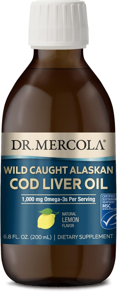 Δρ. Mercola Wild Caught Alaska Cod Liver Oil, 6.8 Fl. Oz. (200 mL), 40 εξυπηρετούν, 1.000 mg Omega-3s ανά υπηρεσία, συμπλήρωμα διατροφής, υποστηρίζει τον εγκέφαλο και γνωστική λειτουργία, μη GMO, MSC Certified