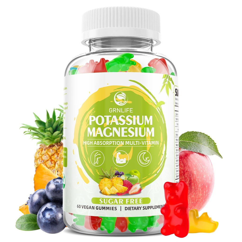 Potassium Magnesium Supplement Gummies, Potassium Gummies for Adults Kids, High Absorption Magnesium Glycinate for Leg Cramps & Immune Health, Sugar-Free, Vegan Mixed Flavors, 60 Count