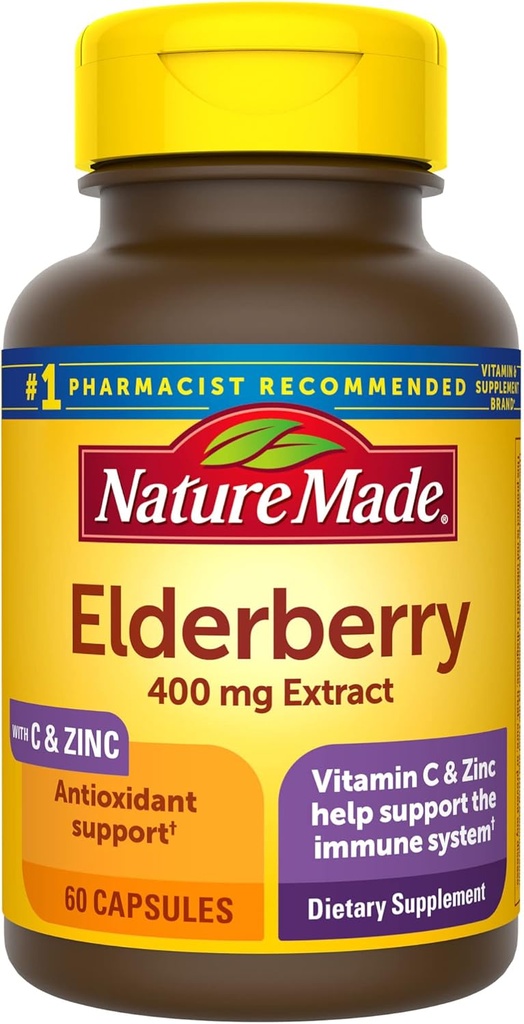 Nature Made Elderberry 400 mg εκχύλισμα με βιταμίνη C και ψευδάργυρο, συμπλήρωμα διατροφής για την υποστήριξη του ανοσοποιητικού, 60 κάψουλες, 60 ημέρες προσφοράς