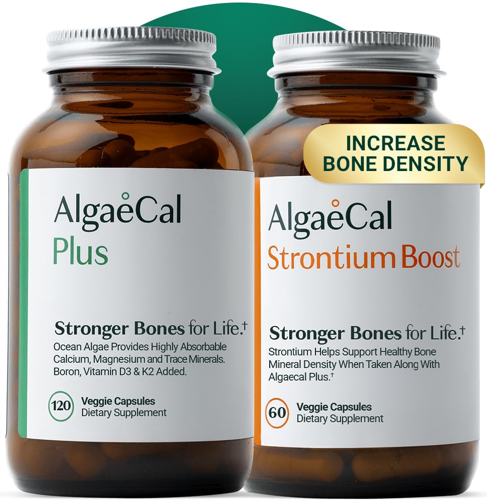 ALGAECAL Bone Builder Pack - Plant Based Calcium Supplement & Strontium - Organic Calcium 750mg with Vitamin D3 1600 IU, Vitamin K2, Magnesium, 16 Nutrients for Bone Health & Density (1-Month Supply)