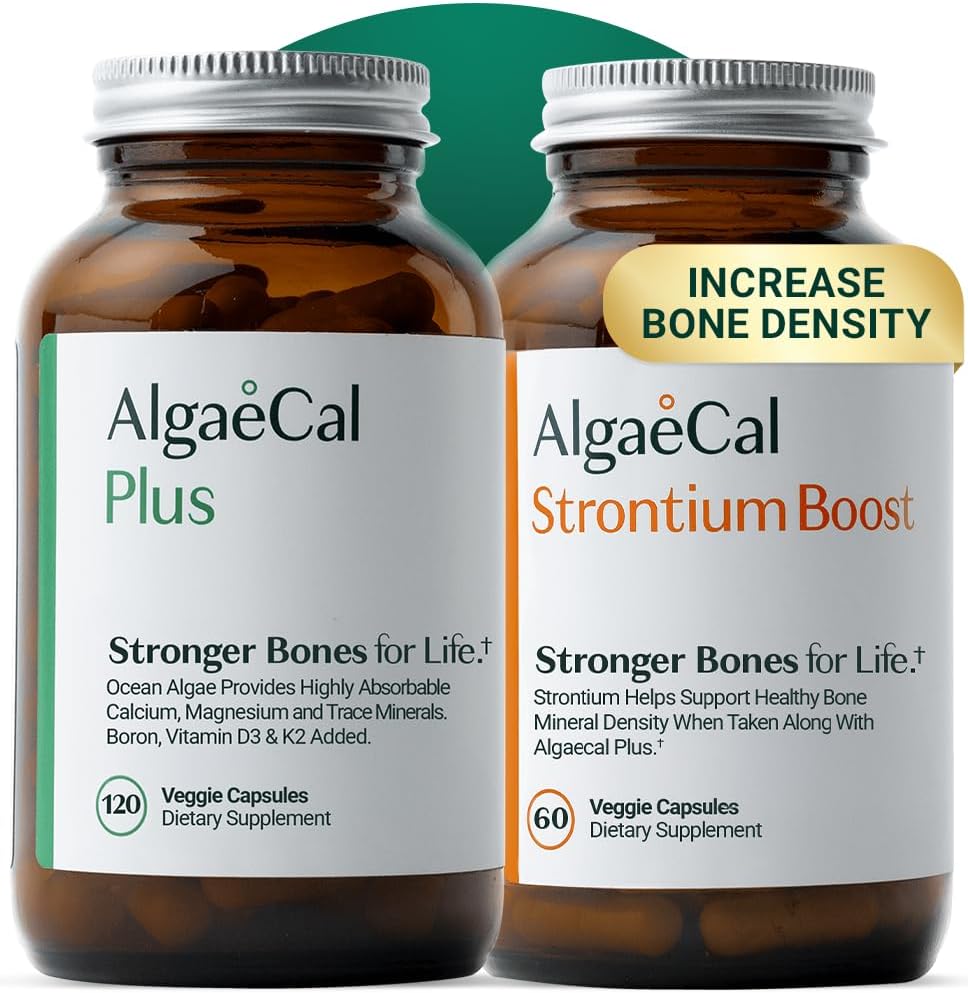 AlgaeCal - Bone Builder Pack for Bone Density Increase, Clinically Supported Plant Based Calcium Supplement & Strontium, Vitamins K2 (100mg), D3 (1600 IU), Magnesium & 16 Essential nutrients