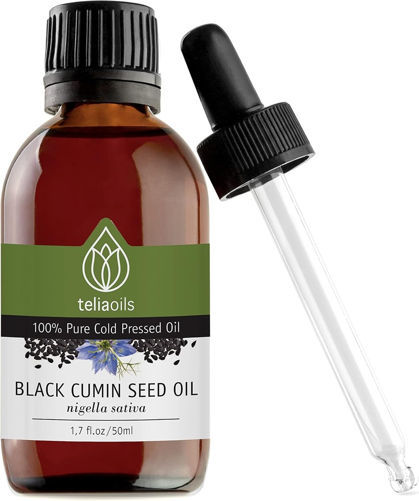 Teliaoils Μαύρο Κύμινο Σπόρου, 100% καθαρό, φυσικό, κρύο πιεσμένο, πλούσιο σε Ωμέγα-3 & Ω6 λιπαρά οξέα & Πολυφαινόλες Premium βαθμό, για το δέρμα, νύχια & μαλλιά, ένα εξαιρετικό Αντιοξειδωτικό