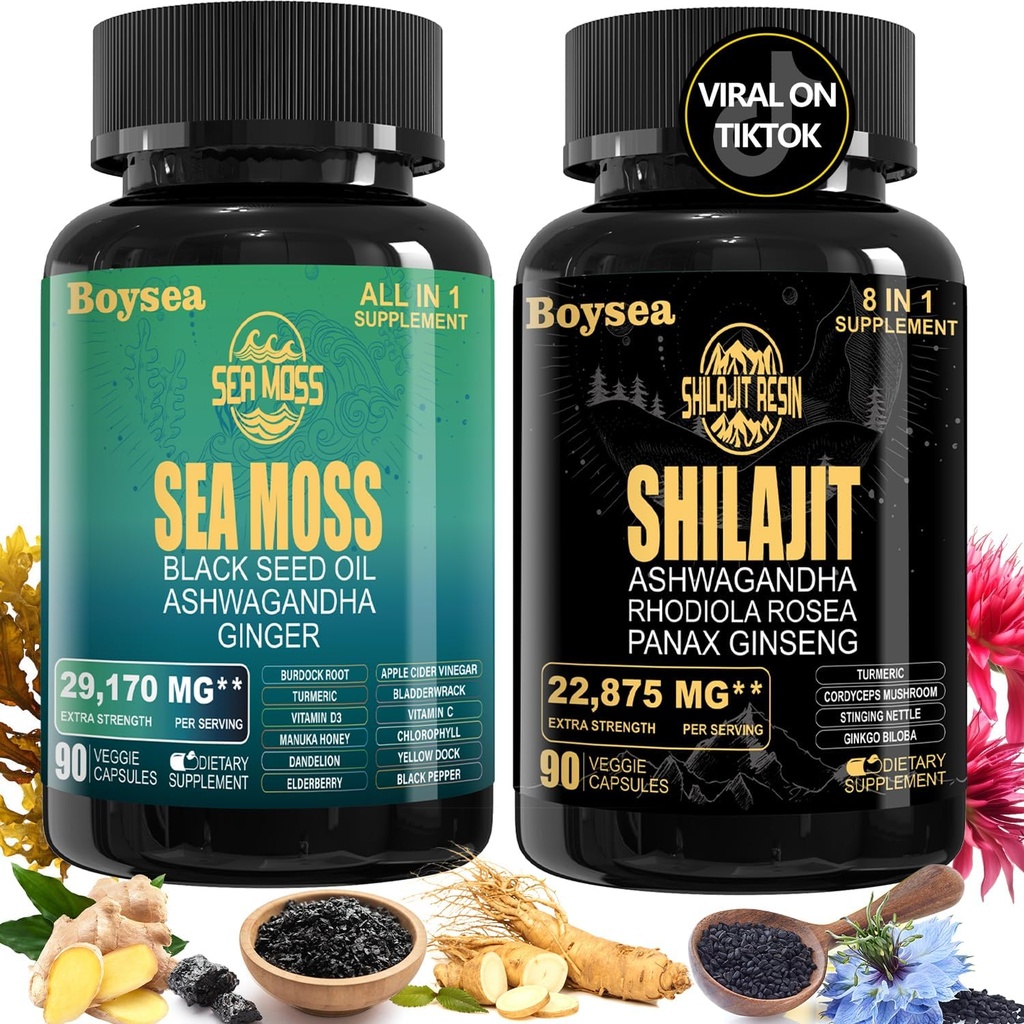 Μπόις. Shilajit and Sea Moss Bundle - Sea Moss (7000mg), Ashwagandha (2000mg), Black Seed Oil (4000mg), Ginger & Shilajit (9000mg), Rhodiola Rosea (1000mg) – 90 Count (1 Pack)