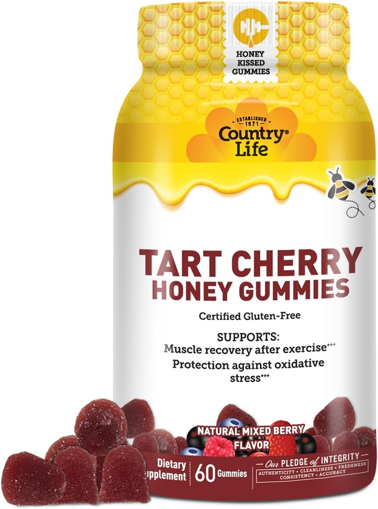 Country Life® Tart Cherry Honey Gummies - Μη ΓΤΟ - Πιστοποιημένα Χωρίς Γλουτένη - Πιστοποιημένα Χορτοφαγικά από την AVA –για την υποστήριξη της αποκατάστασης μυών μετά την άσκηση***