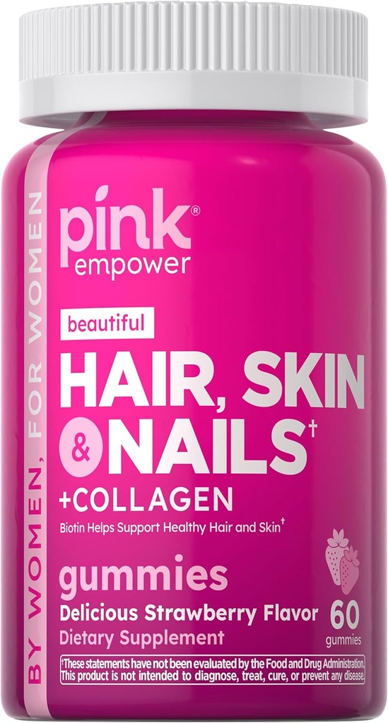 PINK Hair Skin Nails Gummies | 60 Count | Plus Collagen & Biotin | Non-GMO & Gluten Free Vitamins for Women | Strawberry Flavor