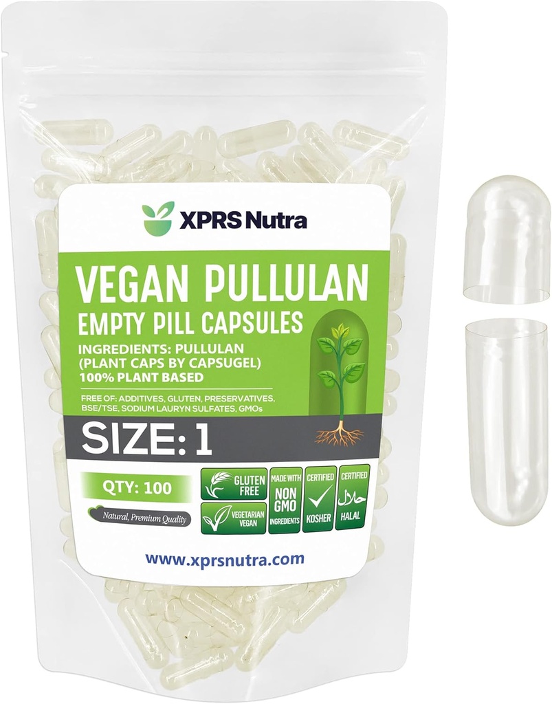 XPRS Nutra Μέγεθος 1 Pullulan Κενές κάψουλες - 100 Count Clean Label Φυτικές κάψουλες Clear Empty Vegan Κάψουλες - Premium Χορτοφαγικά Χάπια - Do-It-Yourself Φυτική κάψα που γεμίζουν