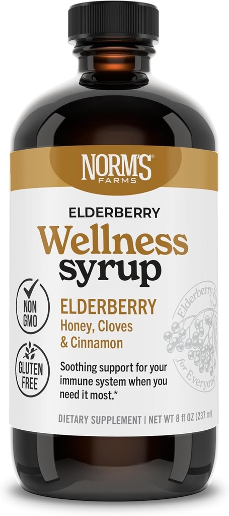 Norm's Farms Wellness Black Elderberry Syrup with Honey, Cinnamon & Cloves - Made in USA, Natural Immune Support, No Alcohol or Fillers, Gluten-free, Non-GMO, Vegan, Pure Elderberberry Juice Syrup - 8 Oz
