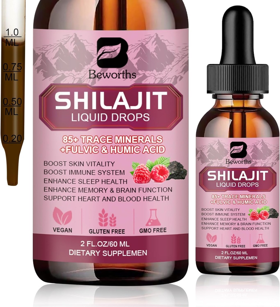 Shilajit Resin Liquid Drops | Organic Shilajit 85+ Trace Minerals Complex with Ashwagandha, Turmeric, Ginseng, Chaga Supplement for Digestion Support, Energy Booster - Vegan